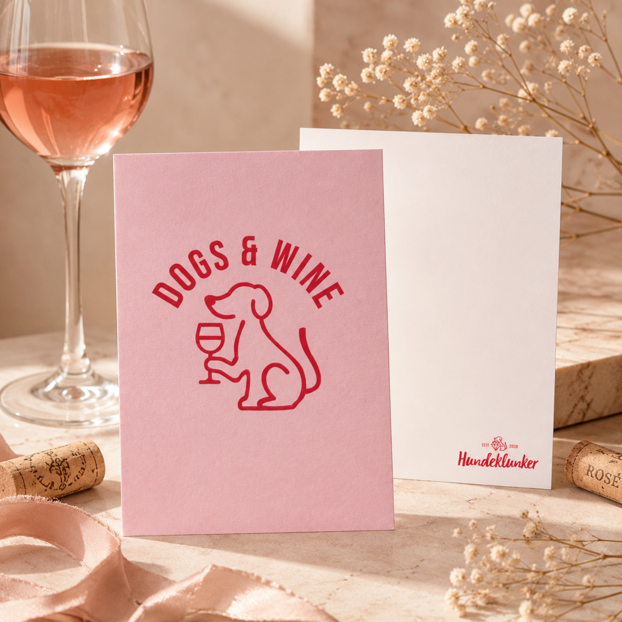 Postkarte Dogs & Wine Rosa